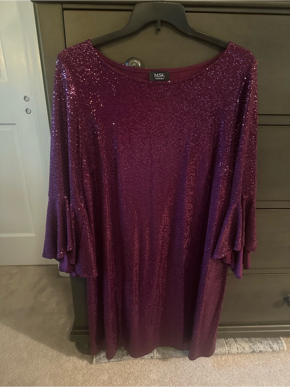 MSK Sequin Shift Dress in Plum with Flutter Sleeves